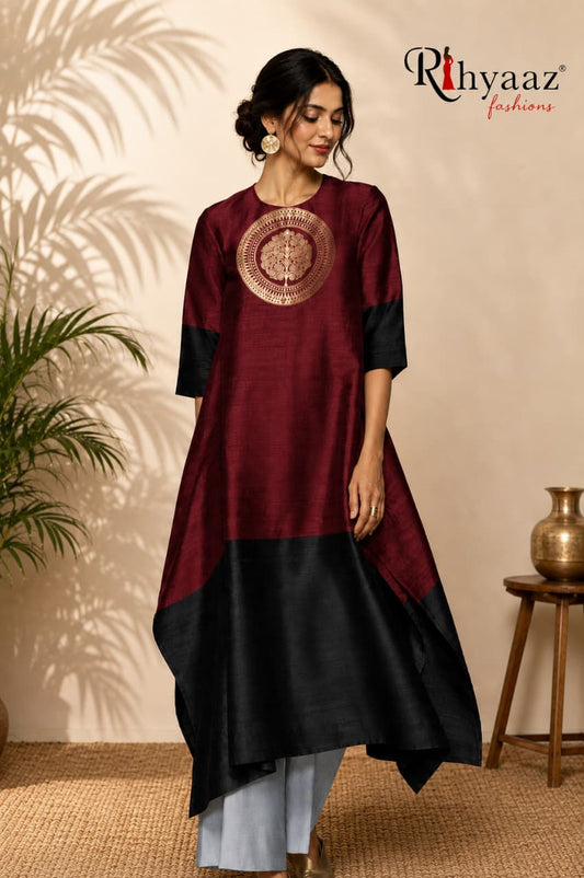 Ruby Benarasi woven raw silk kaftan unstitched fabric by Rihyaaz, available on pre-order.