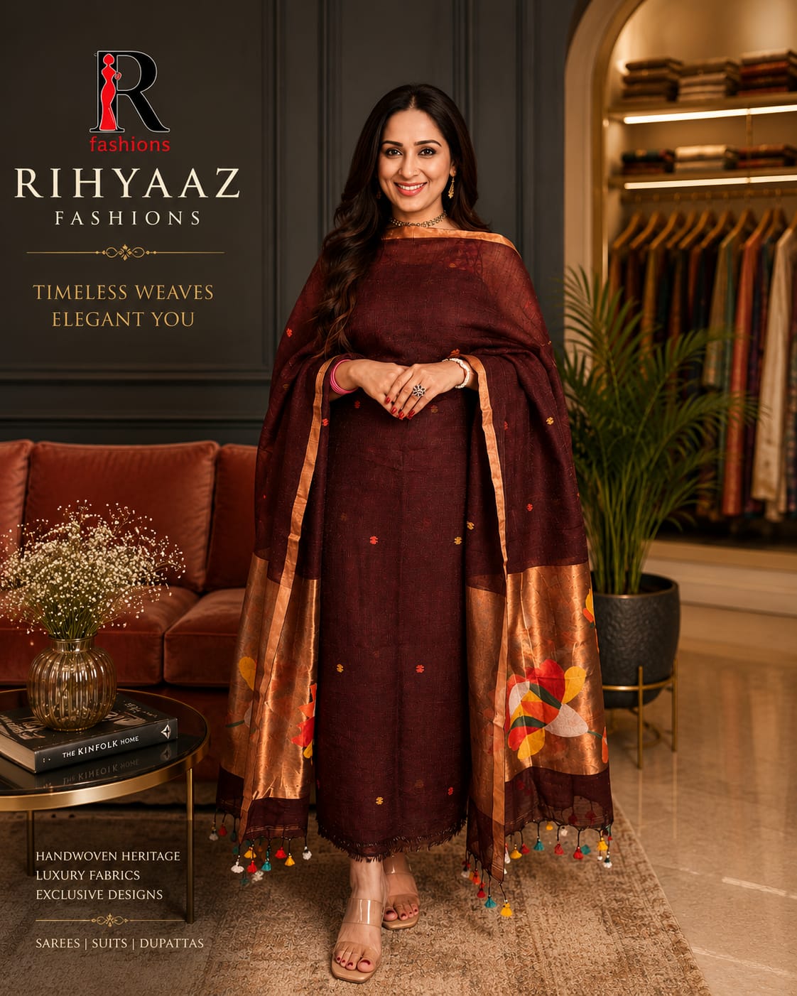 Mohor broad palla Paithani linen Jamdani suit by Rihyaaz with 3-meter linen top and 2.5-meter tassel dupatta in premium handloom-inspired weave.