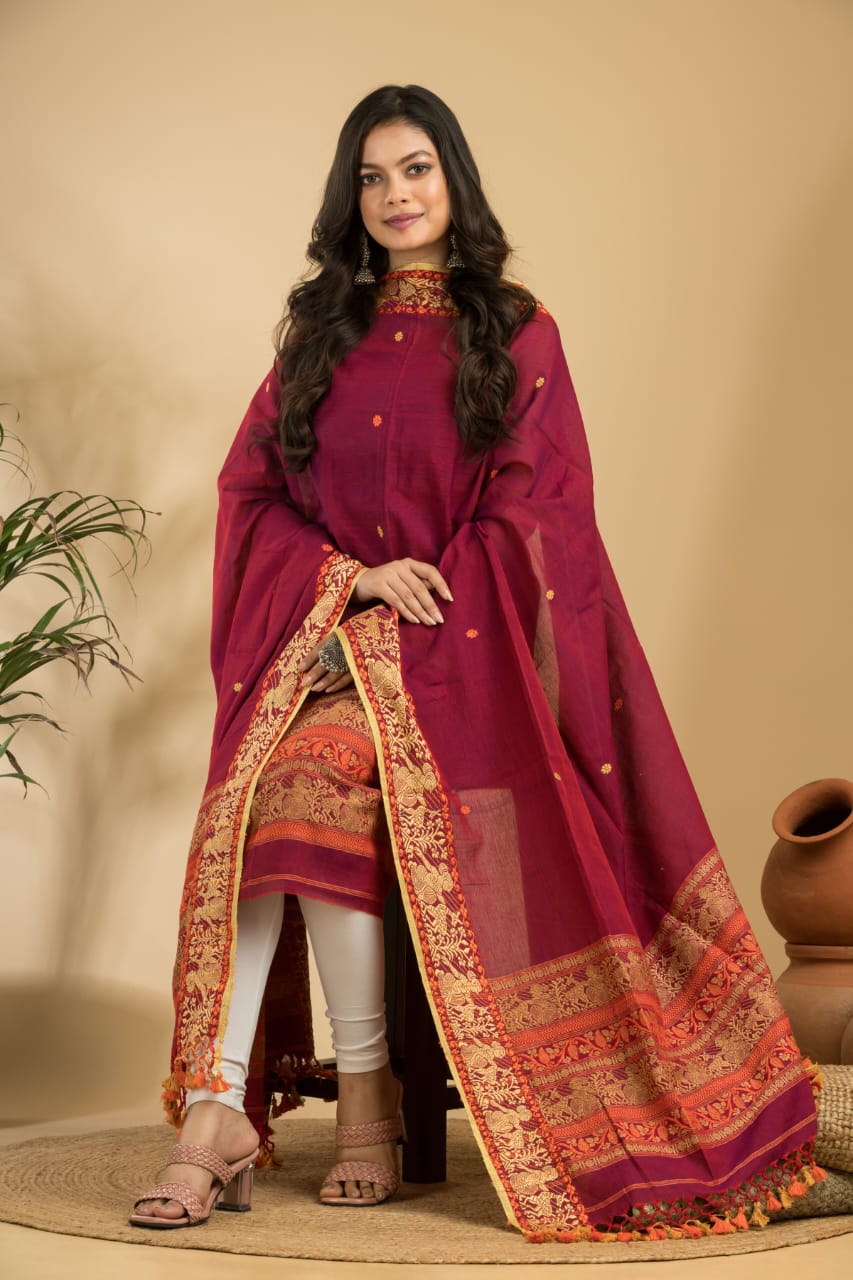 Rihyaaz Maroon cotton Baluchari suit set with 2.5 meter top and 2.5 meter tassel dupatta, elegant traditional ethnic wear for women.