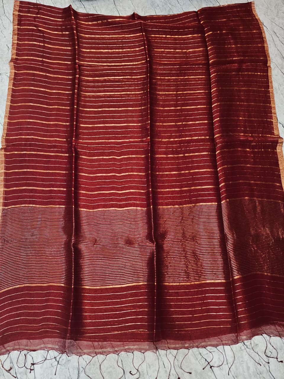 Shaam Resham Dual Zari Stripe Silk Linen Saree by Rihyaaz Fashions, premium handwoven silk linen saree with elegant resham and dual zari stripe detailing.