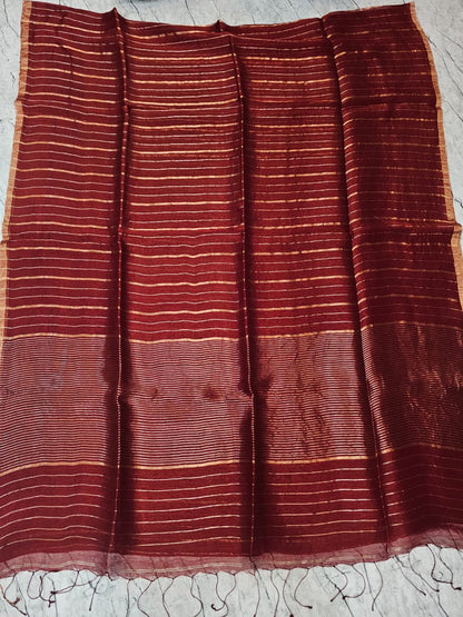 Shaam Resham Dual Zari Stripe Silk Linen Saree by Rihyaaz Fashions, premium handwoven silk linen saree with elegant resham and dual zari stripe detailing.
