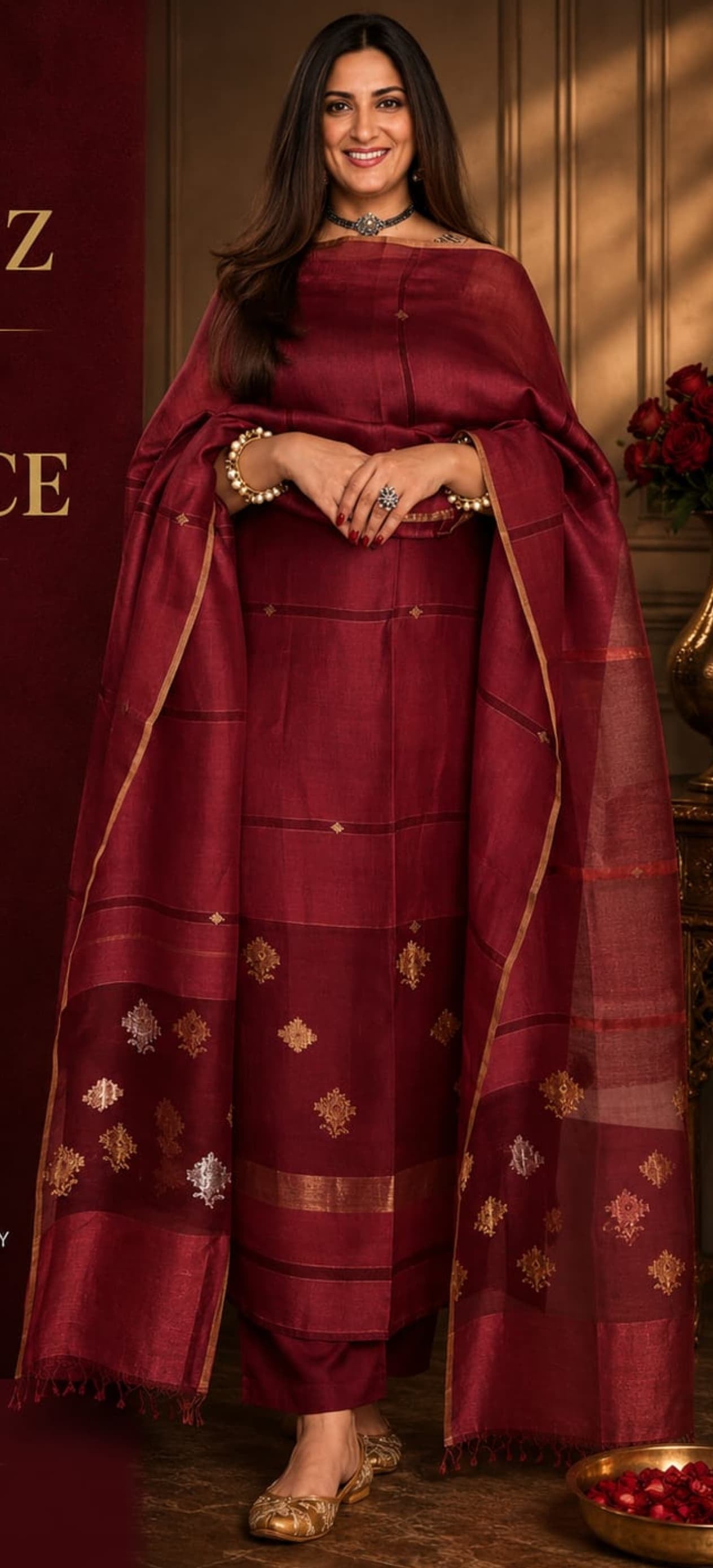 Laaj fine silk and silk-linen weaved suit with intricate gold and silver Jamdani weaving, featuring a matching top and dupatta by Rihyaaz; bottom available separately.