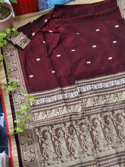 Sarika maroon handwoven Baluchari style saree in soft lightweight fabric with running blouse piece by Rihyaaz.
