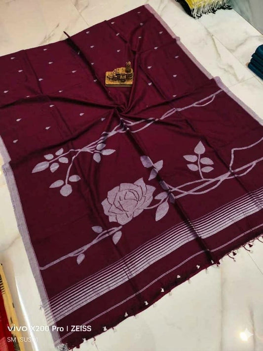 Handwoven Mul Cotton Rose Saree with elegant rose design, blouse piece available – Rihyaaz