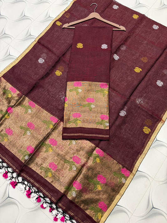Nusrat Linen Jacquard Palla Jamdani Saree by Rihyaaz featuring an elegant handwoven jacquard palla, premium linen fabric, intricate Jamdani weaving, and a sophisticated traditional design suitable for festive, ethnic, and contemporary occasions.