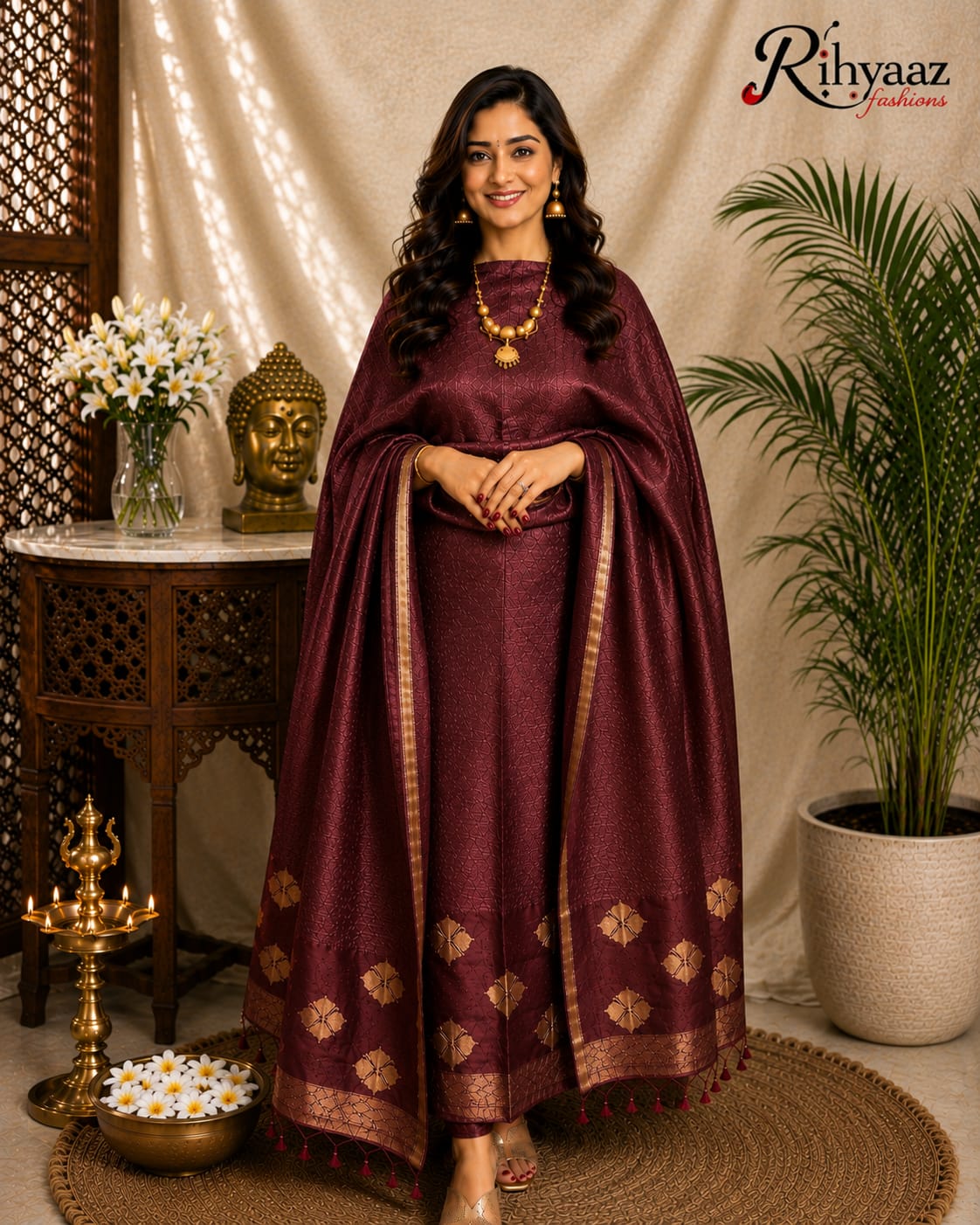 Noorie Silk Mark Certified Kora Palla Linen Silk Khaduwa Weaving Suit with intricate handwoven detailing, 2.5 mtr top and dupatta by Rihyaaz Fashions.