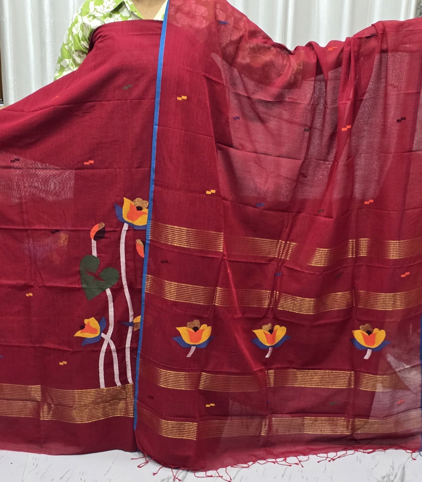 Arvi Mul Cotton checkered Needle Weaved Lotus Motif Jamdani suit with daman work and detailed dupatta by Rihyaaz