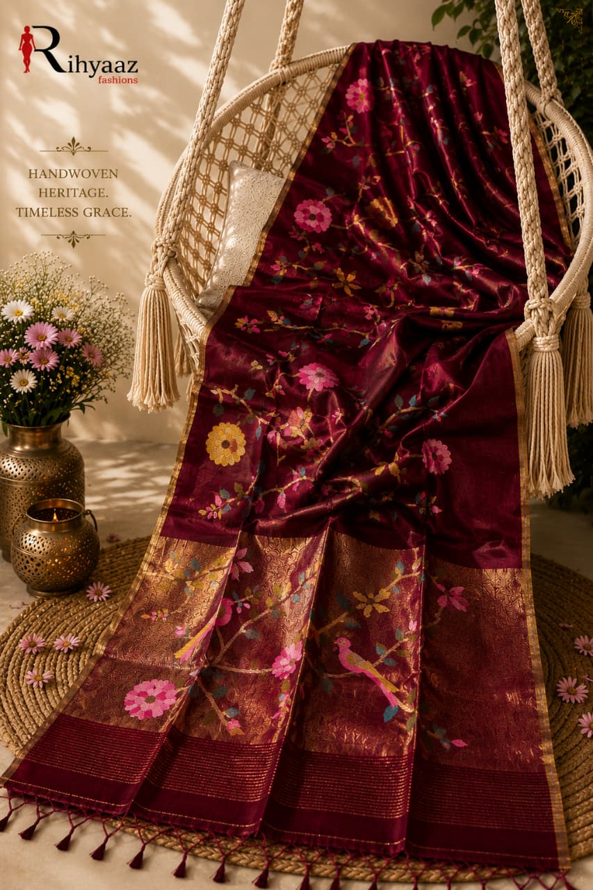 Anushua maroon Muslin Silk Paithani Palla Jamdani saree with intricate floral and bird weave by Rihyaaz.