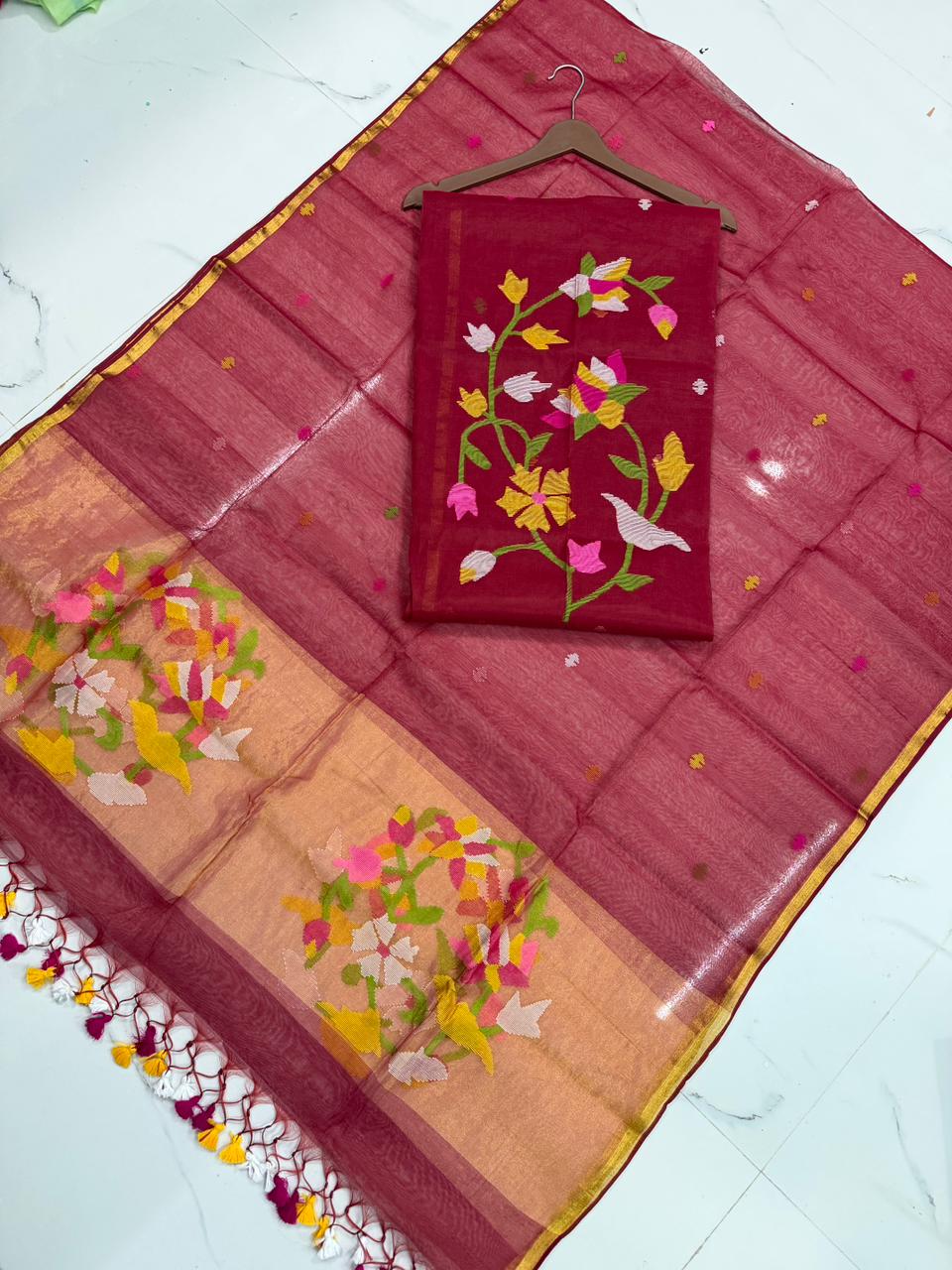 Rihyaaz handwoven Muslin Paithani Jamdani suit with 2.5 meter top and 2.5 meter tassel dupatta, lightweight traditional Indian ethnic wear.