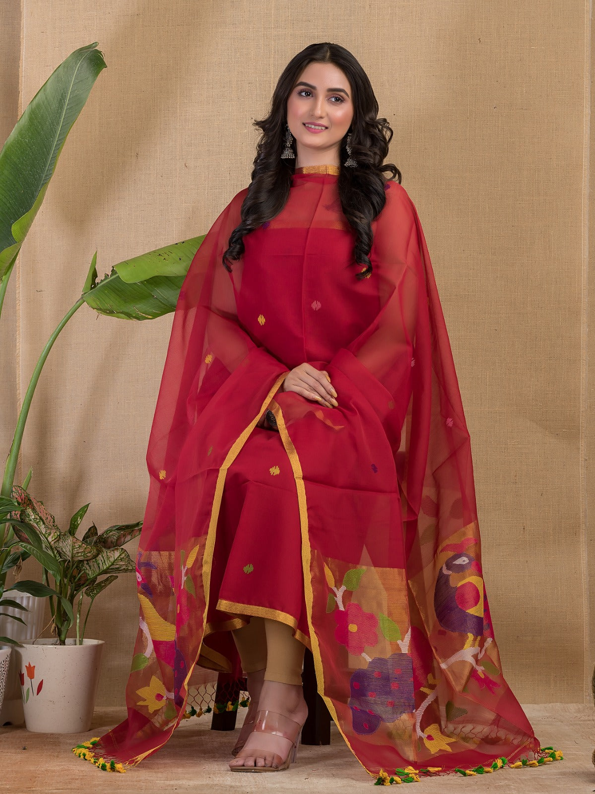 Rihyaaz Muslin Peacock Motif Paithani Jamdani handwoven suit with 2.5 meter top and tassel detailed dupatta