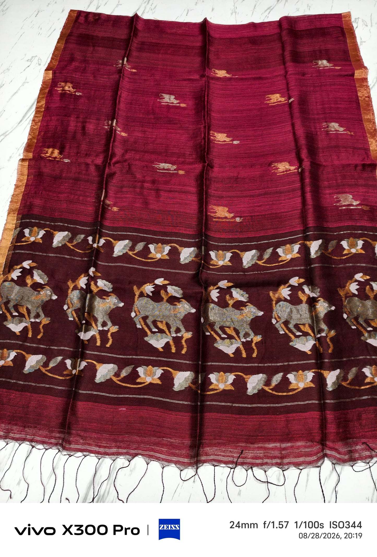 Godhuli Maroon Pure Resham Matka silk saree with Sona Rupa Pichwai-inspired pallu, Silk Mark certified, by Rihyaaz.