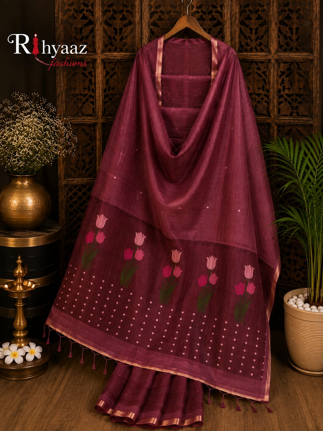 Tinka premium linen saree with resham tulip woven Jamdani anchal and all-over sequin detailing by Rihyaaz