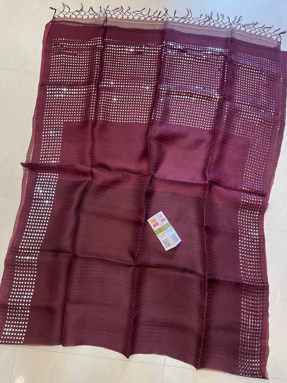 🌟 𝓒𝓱𝓪𝓶𝓪𝓴  – Authentic Pure Double-Ply Export Organic 360 Count Pocket Sequin Dye Saree | Pure Muslin Saree | By Rihyaaz