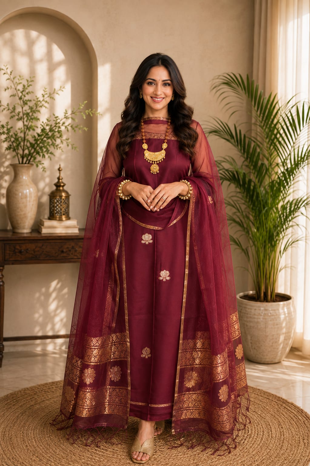 𝓝𝓮𝓮𝓿𝓪 Pure Resham by Linen lotus weaved suit paired with a resham dual zari handwoven dupatta by Rihyaaz, showcasing intricate Indian handloom craftsmanship and elegant festive ethnic design.