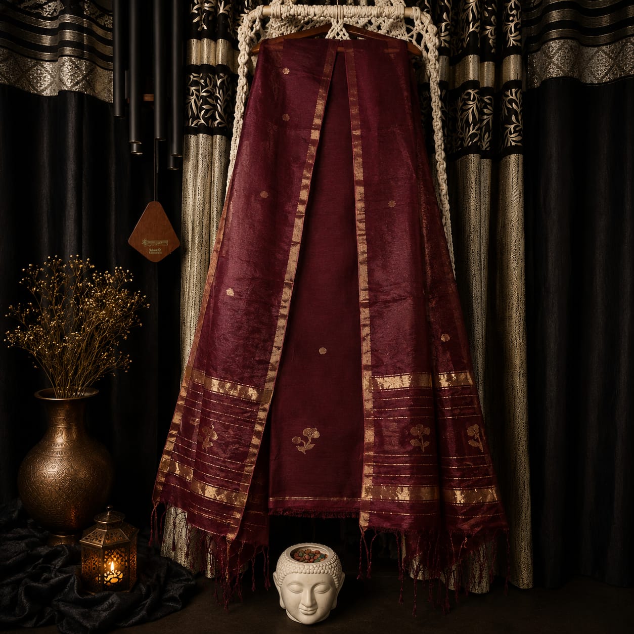 Lipi maroon Resham Linen Zari Jamdani suit with zari border and heavy palla Resham dupatta by Rihyaaz