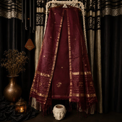Lipi maroon Resham Linen Zari Jamdani suit with zari border and heavy palla Resham dupatta by Rihyaaz