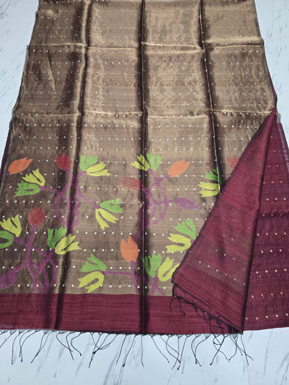 Raga sequin Matka saree with textured Matka body and elegant half tissue resham sequin Jamdani anchal. By Rihyaaz 