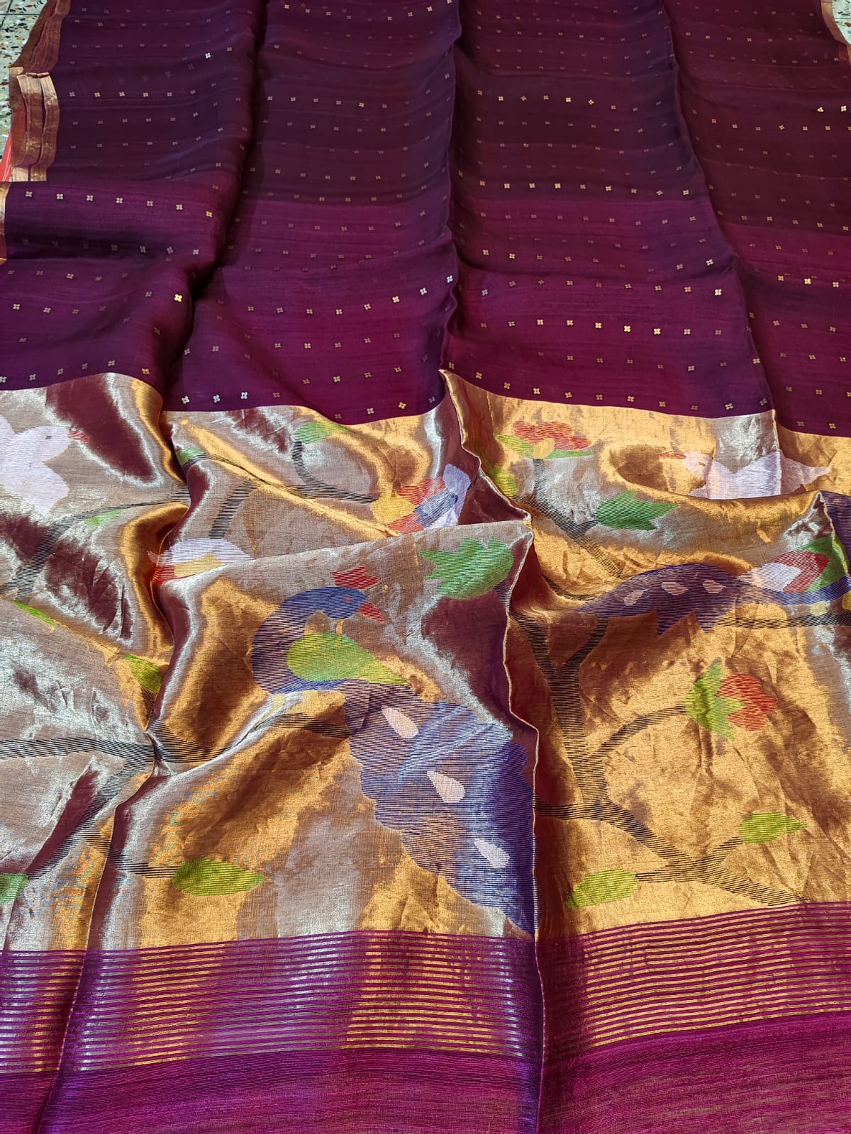 Beduin - Pure Resham Sequin Handwoven Silk Paithani Jamdani Saree by Rihyaaz featuring intricate Jamdani motifs, rich Paithani pallu, handcrafted Resham weaving, and elegant sequin detailing for weddings and festive wear.