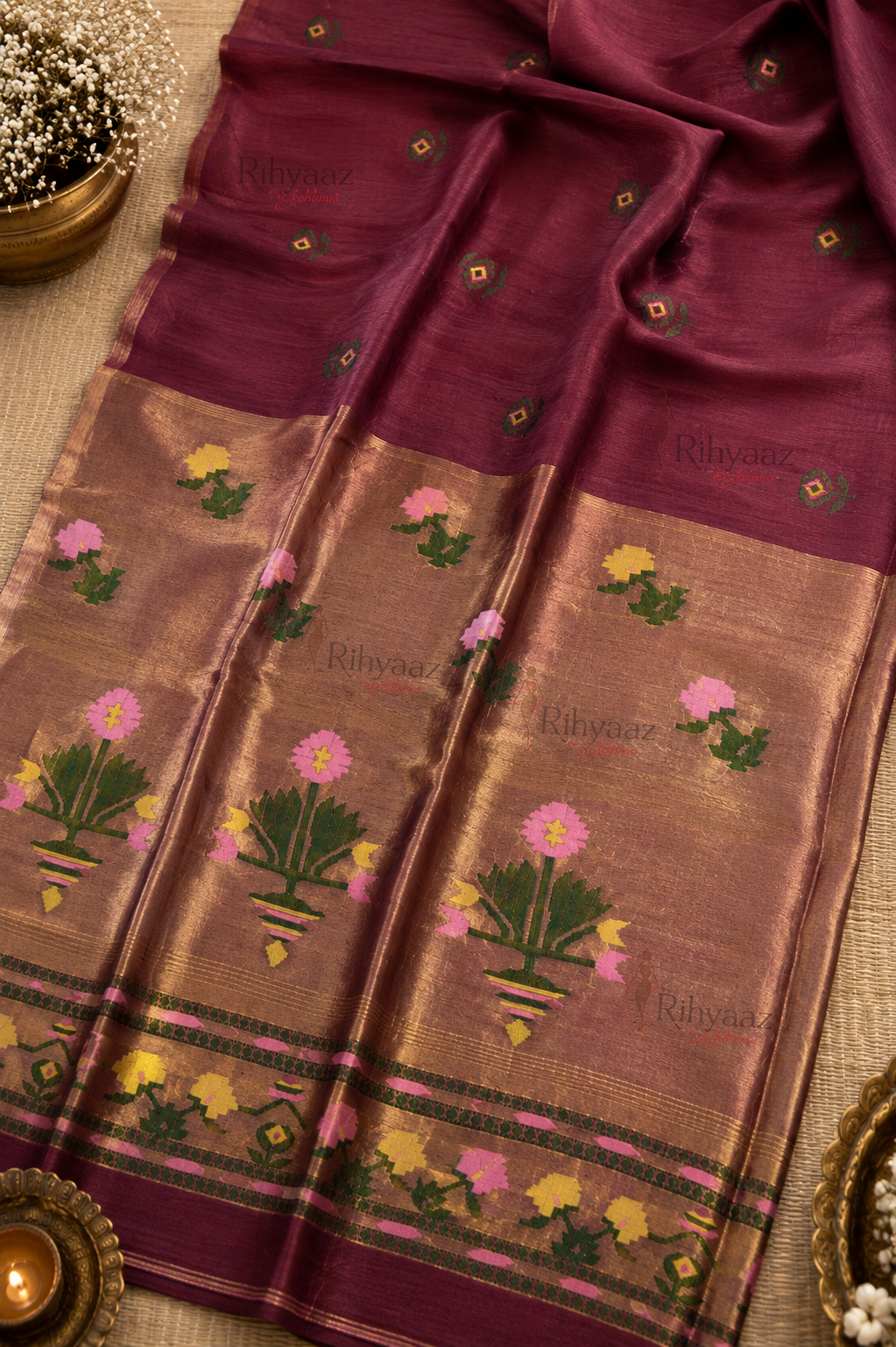Ful - Paithani Inspired Tissue Palla Linen Silk Saree by Rihyaaz featuring an elegant handwoven linen silk body with a luxurious tissue Paithani-inspired palla, ideal for festive wear, wedding celebrations, and traditional occasions.