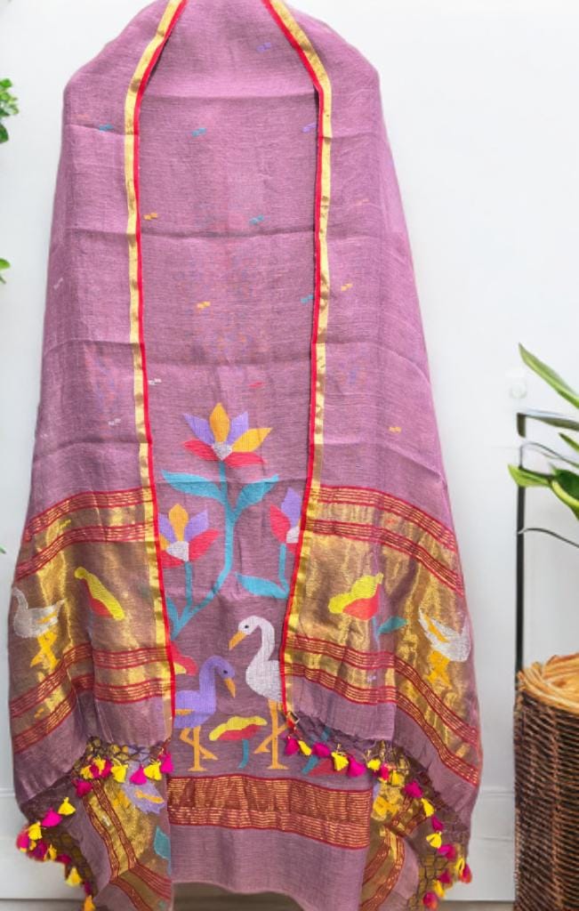Kora Jayshree pure linen handwoven Jamdani kurti and dupatta set by Rihyaaz, featuring premium-quality traditional Indian handloom weaving.