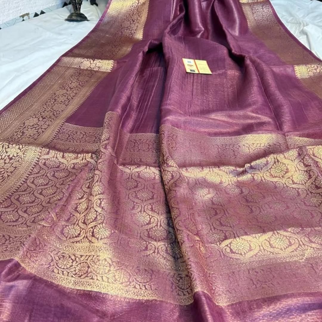 Ikangshi linen Benarasi saree with tested zari weaving and running blouse piece by Rihyaaz