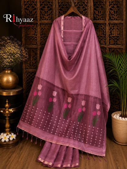 Tinka premium linen saree with resham tulip woven Jamdani anchal and all-over sequin detailing by Rihyaaz