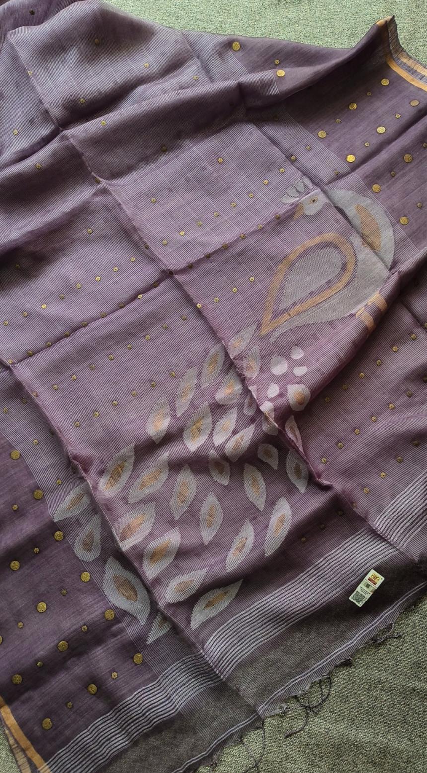 Keka premium Resham Silk Jamdani saree with handwoven needle Jamdani work, metal gini embellishments, peacock motif pallu, thin zari border, and running blouse piece.