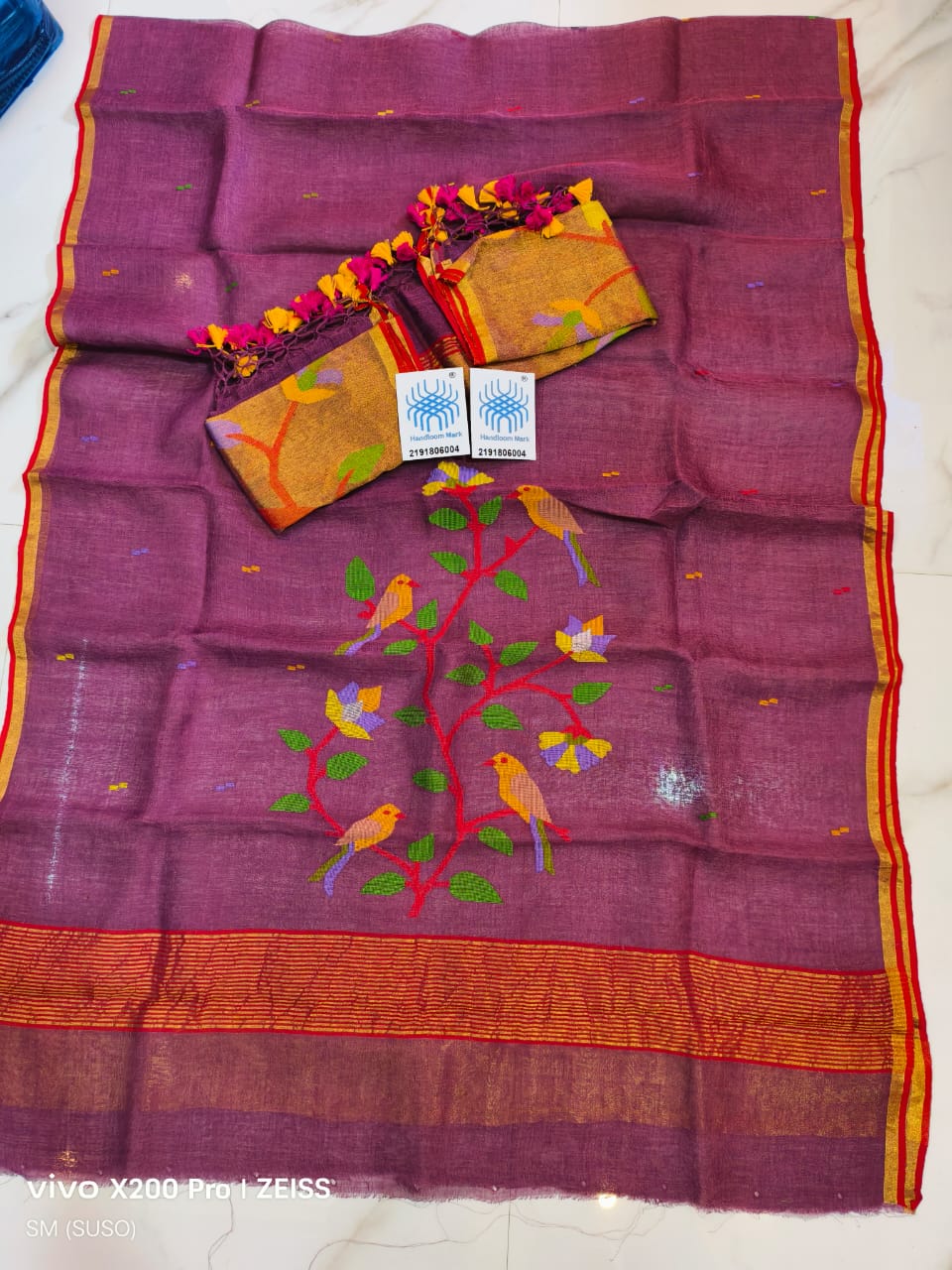 𝓡𝓪𝓳𝔂𝓪 Pure 120 Count Jayashree Linen Bird Motif suit set with Tissue Palla Jamdani dupatta by Rihyaaz, elegant traditional Indian ethnic wear.
