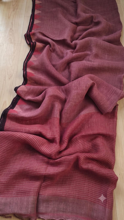Mauve Pure silk Jayashree linen saree with traditional temple border, striped palla and running blouse piece by Rihyaaz Fashions.