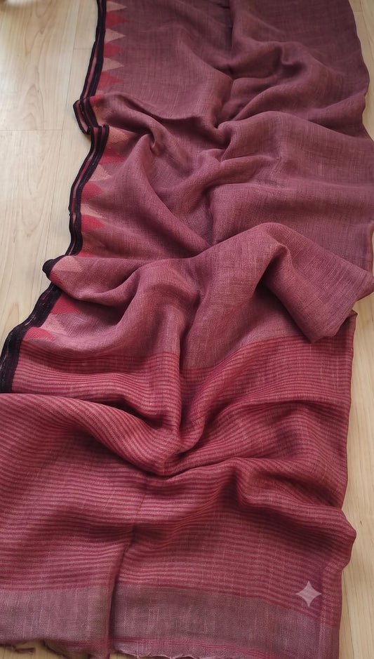 Mauve Pure silk Jayashree linen saree with traditional temple border, striped palla and running blouse piece by Rihyaaz Fashions.