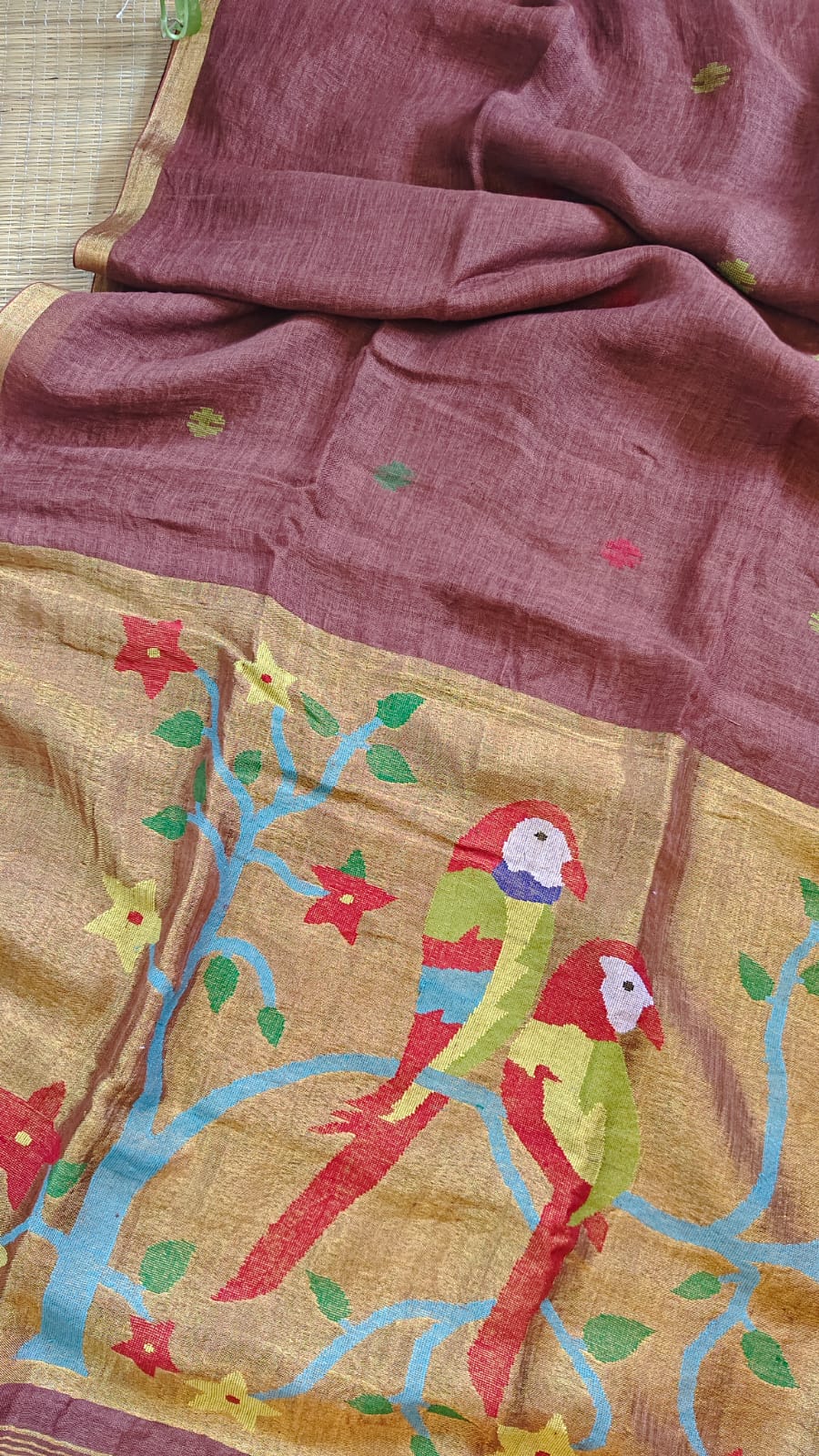 Kakatua Pure Linen Paithani Saree by Rihyaaz with matching blouse piece, elegant Paithani weave, premium linen fabric, custom colour options available, handcrafted ethnic wear.