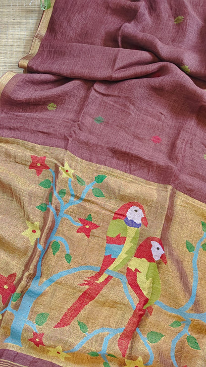 Kakatua mauve Pure Linen Paithani Saree by Rihyaaz with matching blouse piece, elegant Paithani weave, premium linen fabric, custom colour options available, handcrafted ethnic wear.