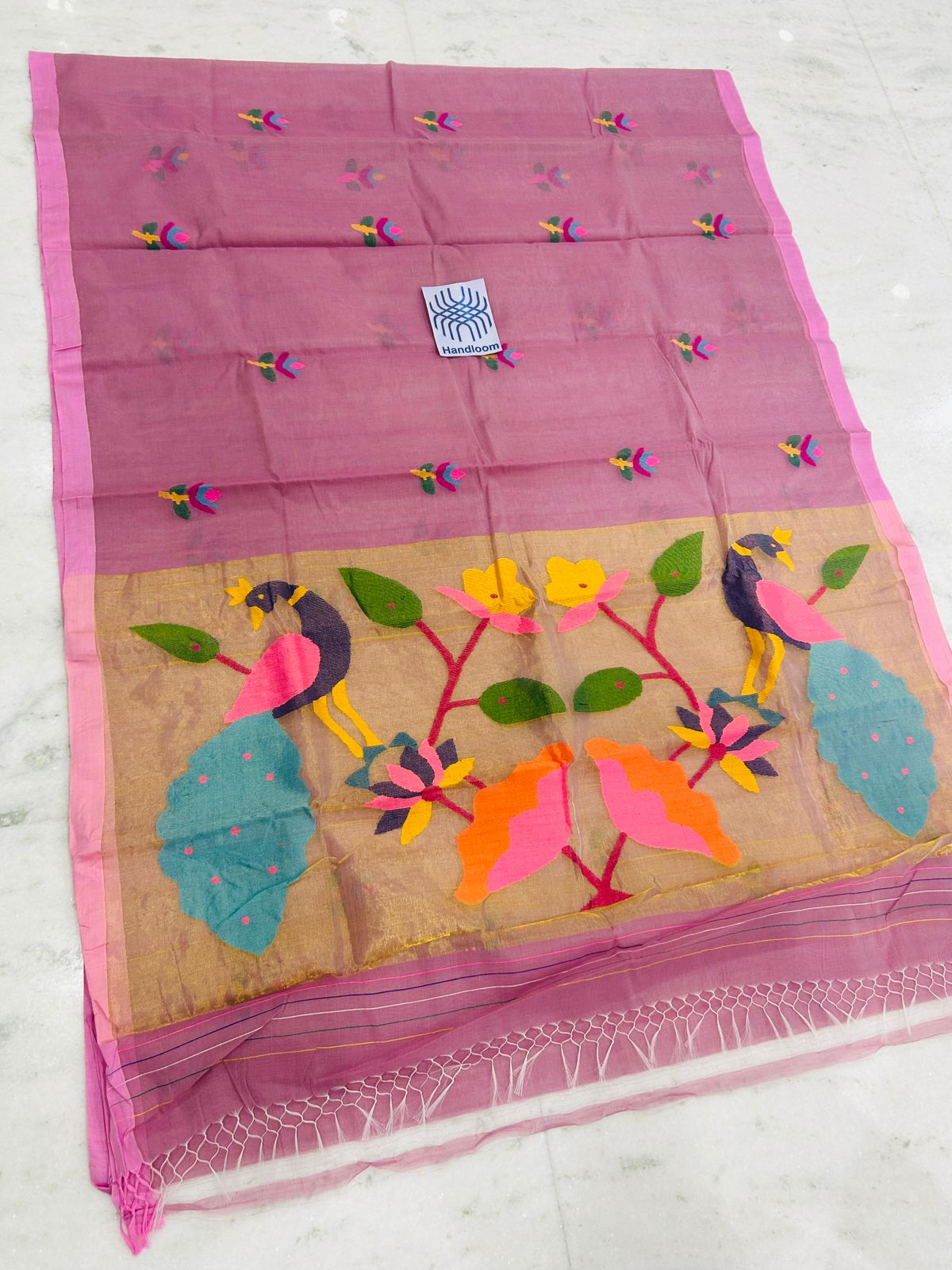 Shahi pure muslin handwoven saree with blouse piece by Rihyaaz, showcasing traditional Indian handloom craftsmanship and elegant woven texture.