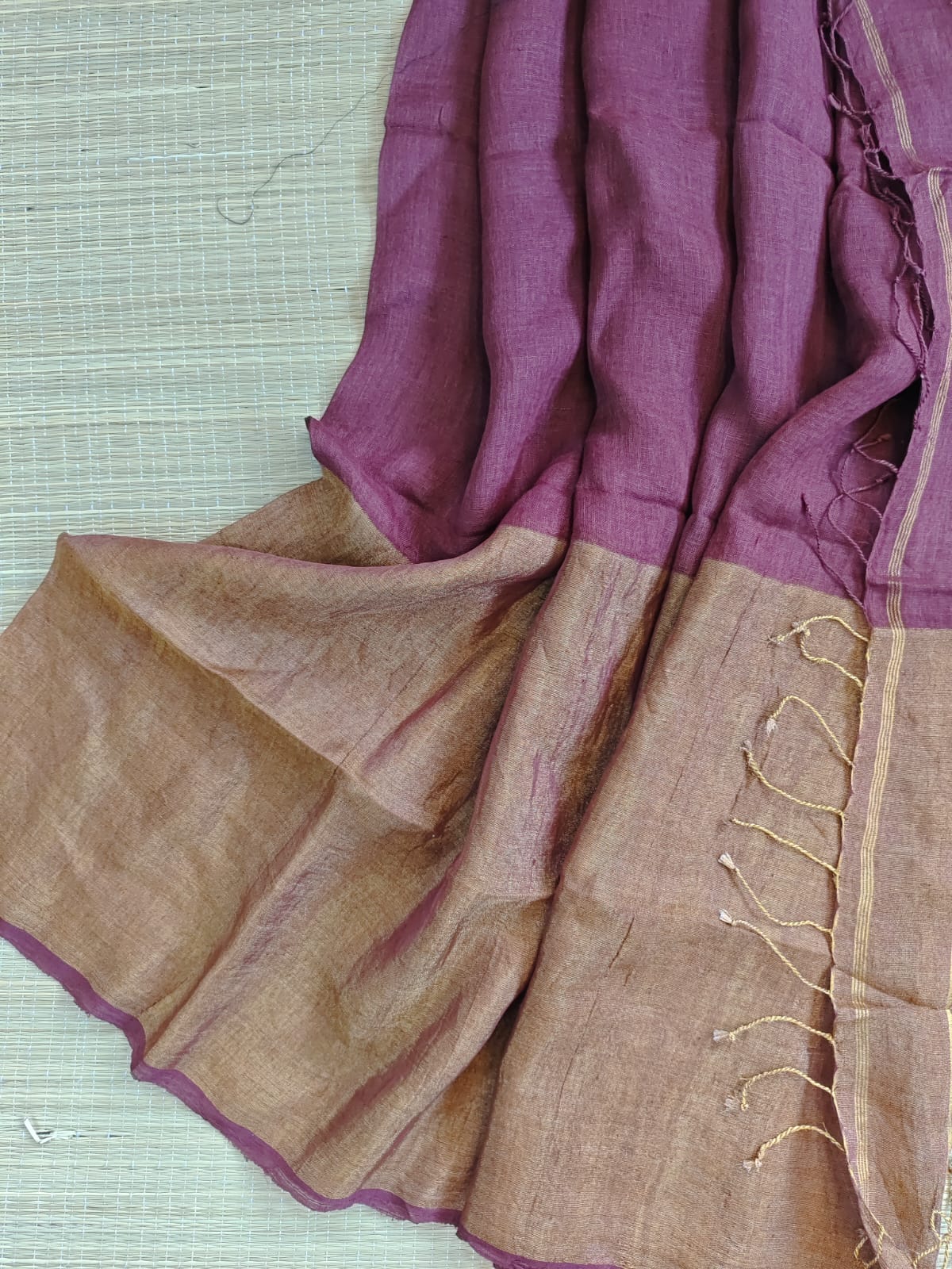 Yukti pure and premium Jayashree Linen half-and-half saree with elegant zari weaved lower portion and running blouse piece by Rihyaaz