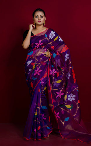 Papri Resham silk jamdani saree with allover handwoven bird & floral weaves by Rihyaaz 