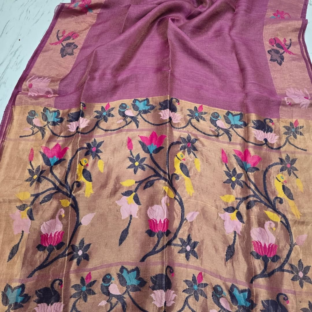 Canopy Silk Linen Paithani Border and Palla Handwoven Saree by Rihyaaz in premium silk linen fabric with elegant traditional Paithani weaving, ideal for weddings, festive occasions, and ethnic celebrations.