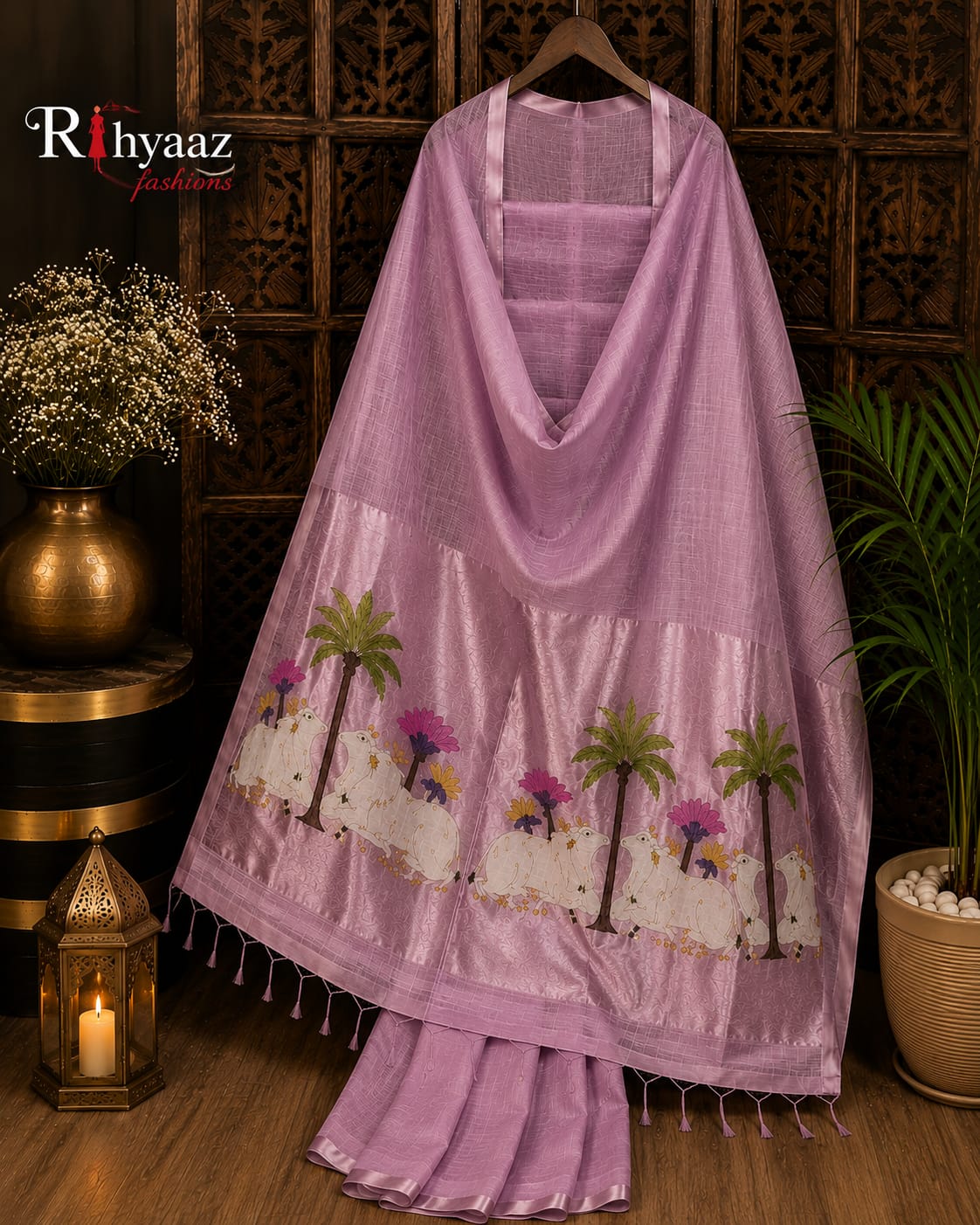 Kamdhenu Silk Linen Pichwai Motif Paithani Jamdani Saree by Rihyaaz featuring intricate Pichwai-inspired weaving, elegant Paithani pallu, handcrafted details, and a plain blouse piece for festive and traditional wear.