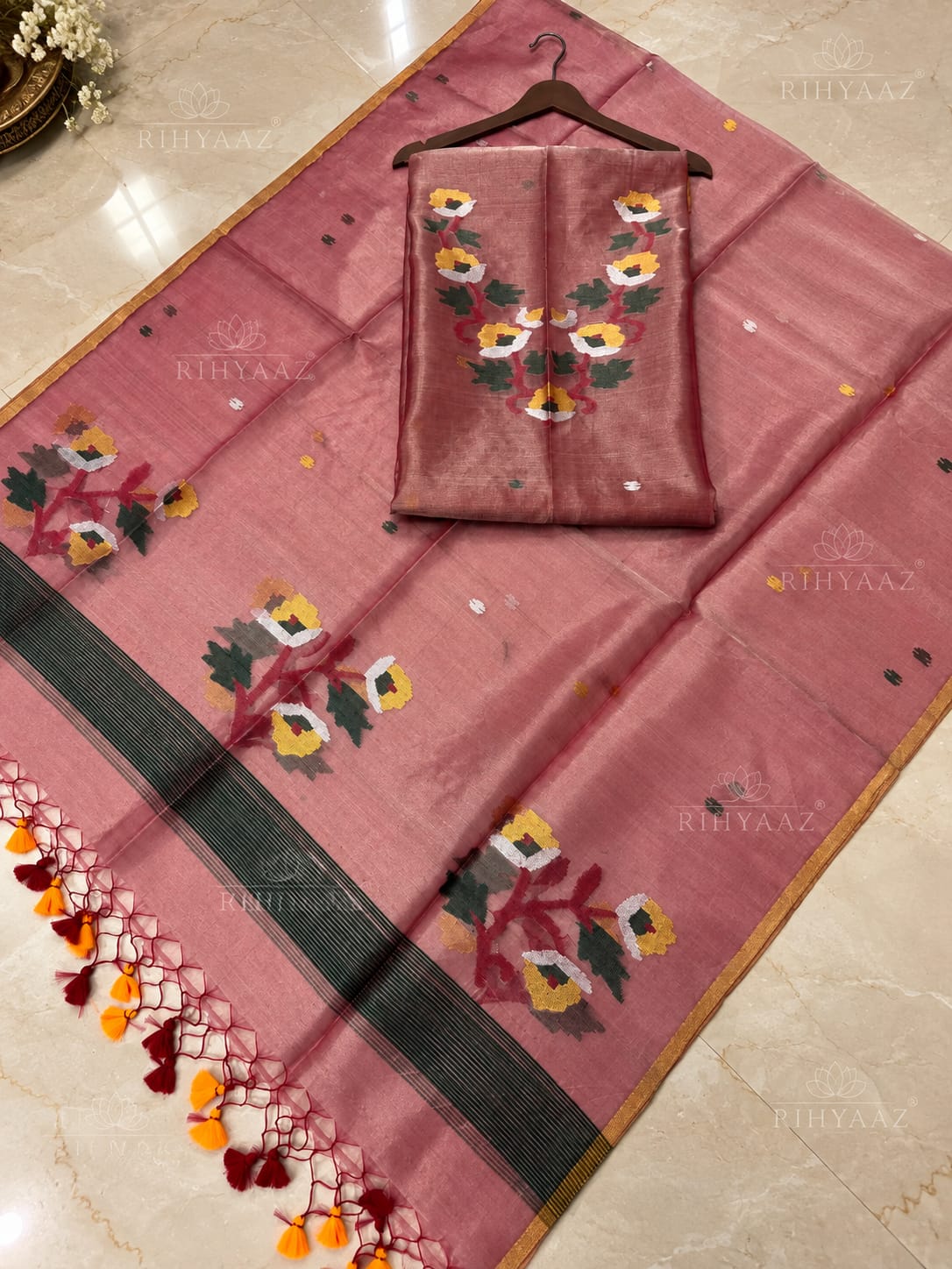 Palak Mauve Tissue Needle Jamdani suit with intricate Jamdani weaving dupatta, 2.5m top and 2.5m dupatta by Rihyaaz.