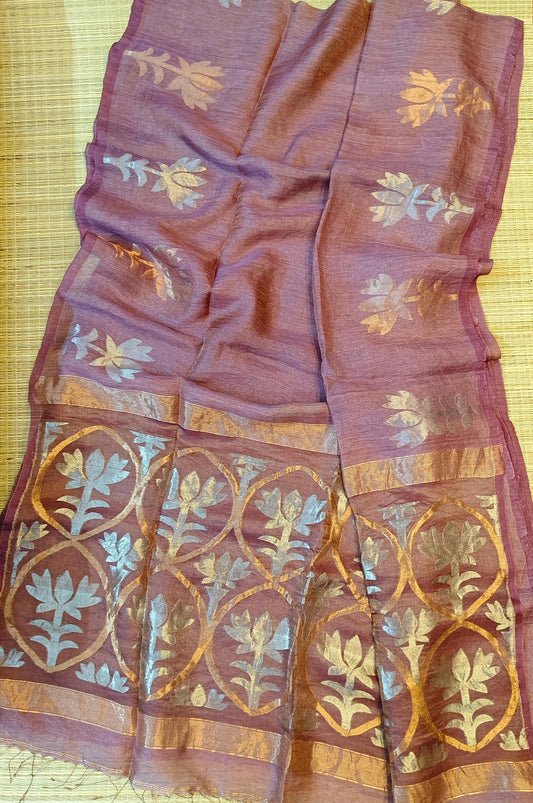 Padmini - Lotus Fusion Silk Linen Saree by Rihyaaz, premium handwoven silk linen saree with lotus-inspired design, lightweight festive ethnic wear for weddings and celebrations.
