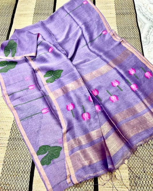 Bibha - Pichwai Concept Linen Tussar Saree by Rihyaaz featuring artistic Pichwai-inspired motifs on premium handwoven linen tussar fabric, ideal for festive wear, cultural celebrations, and elegant ethnic styling.