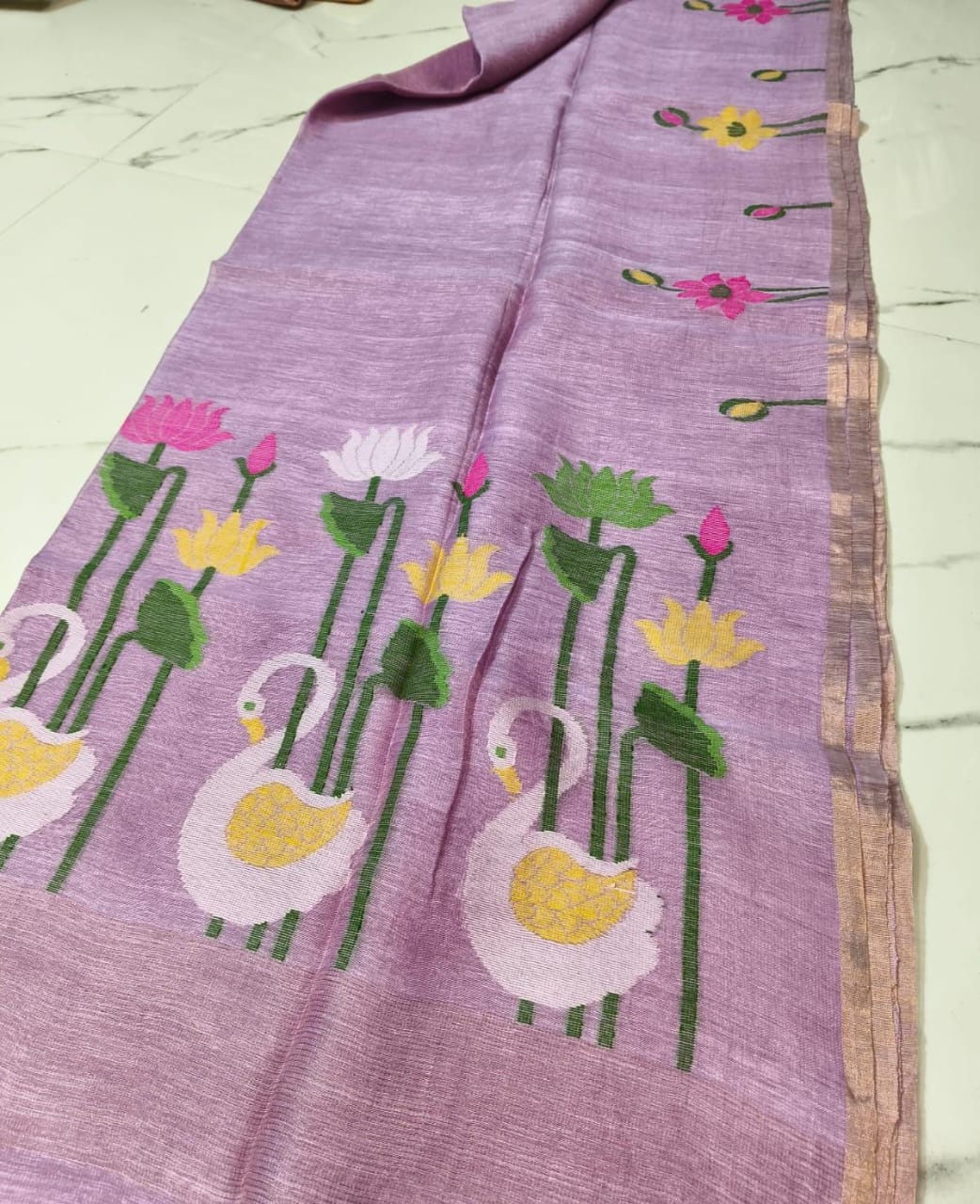 Rajhans - Pure Linen Silk Jamdani Handwoven Saree by Rihyaaz featuring premium linen silk fabric with intricate traditional Jamdani weaving, elegant handcrafted motifs, and luxurious festive ethnic wear for women.