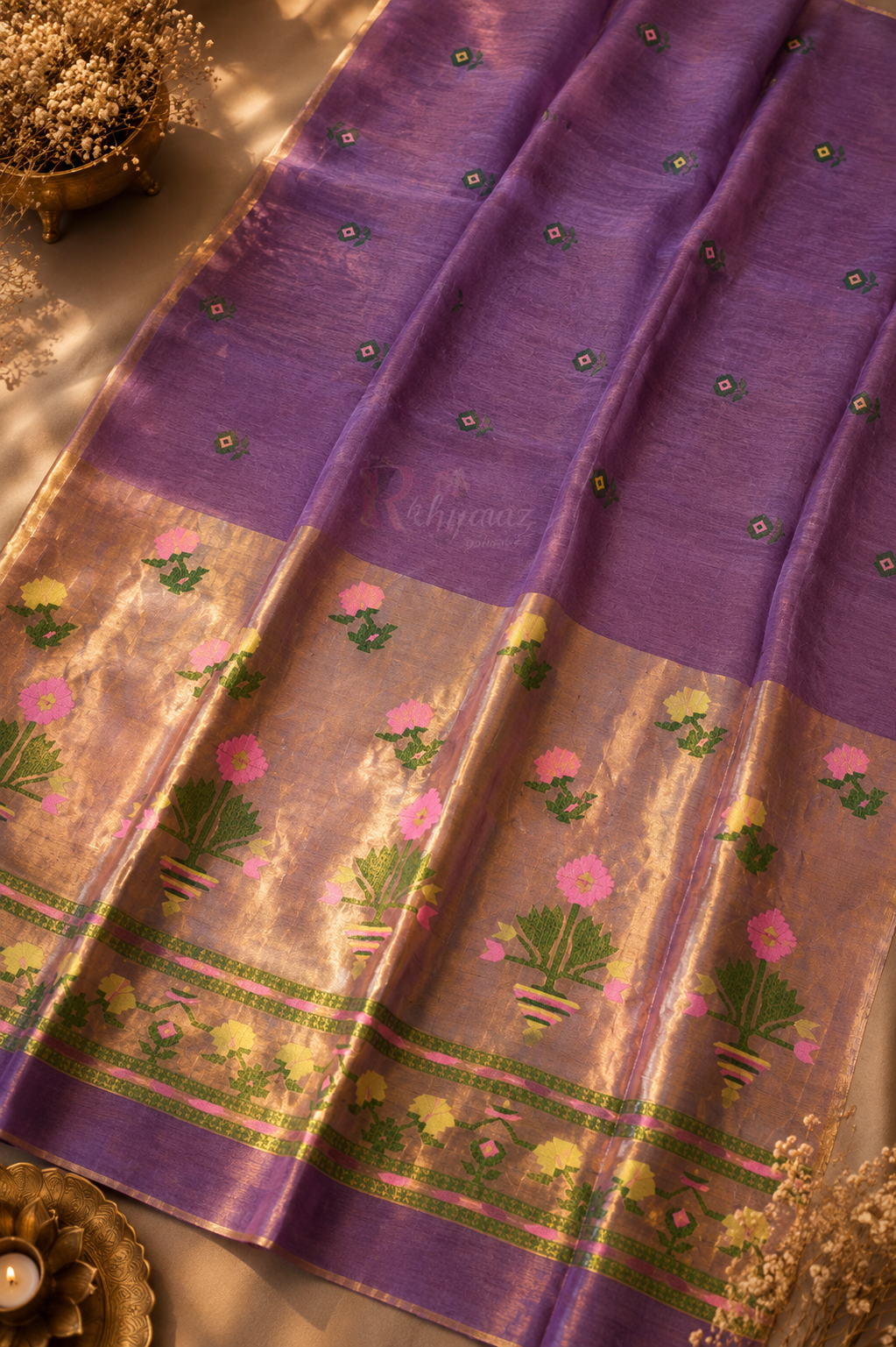 Ful - Paithani Inspired Tissue Palla Linen Silk Saree by Rihyaaz featuring an elegant handwoven linen silk body with a luxurious tissue Paithani-inspired palla, ideal for festive wear, wedding celebrations, and traditional occasions.