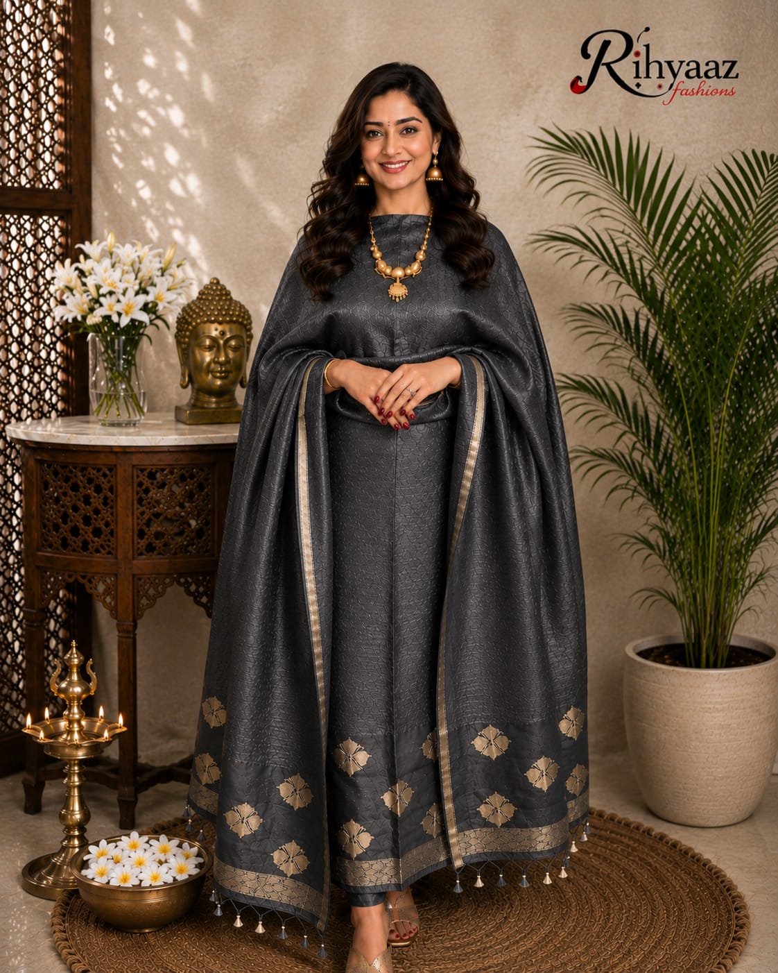Noorie Silk Mark Certified Kora Palla Linen Silk Khaduwa Weaving Suit with intricate handwoven detailing, 2.5 mtr top and dupatta by Rihyaaz Fashions.