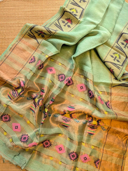 Iravati Mint Green exclusive silk linen saree featuring a tested zari Jamdani border, elegant Paithani-style tissue pallu, and matching running blouse piece by Rihyaaz Fashions.