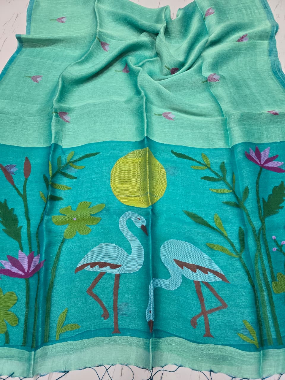 Kanika pure Jayasree silk linen saree with handwoven needlework Jamdani, pure Resham palla, all-over motifs and running blouse piece by Rihyaaz Fashions