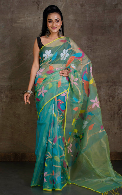 Papri Resham silk jamdani saree with allover handwoven bird & floral weaves by Rihyaaz 
