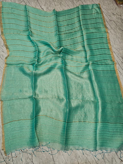 Shaam Resham Dual Zari Stripe Silk Linen Saree by Rihyaaz Fashions, premium handwoven silk linen saree with elegant resham and dual zari stripe detailing.