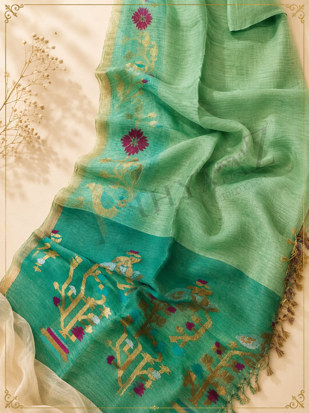 Khori - Silk Tissue Linen Needle Karat Jamdani Saree with handcrafted Resham Jamdani palla, premium handwoven festive saree by Rihyaaz featuring elegant traditional weaving and luxurious silk tissue linen fabric.