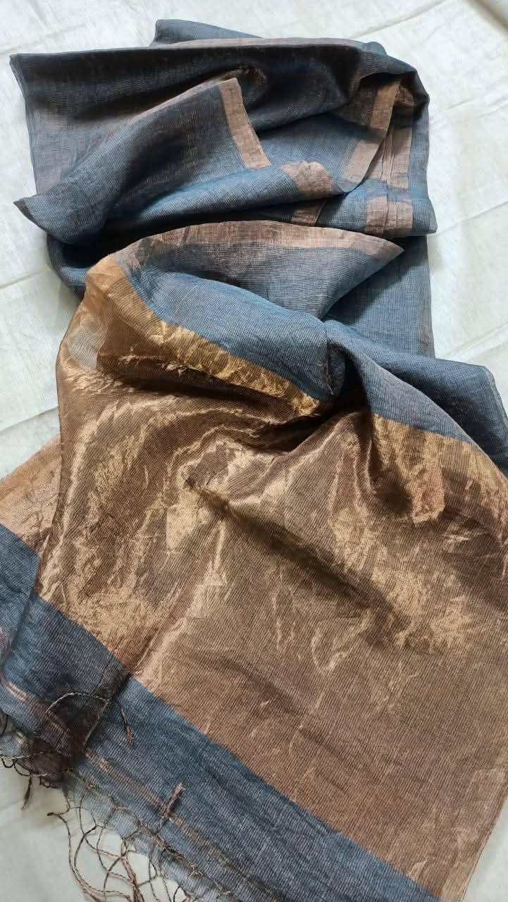 Liya - Silk Tissue Weaved Linen Saree with shimmering tissue palla by Rihyaaz, premium handwoven festive ethnic saree for weddings and celebrations.