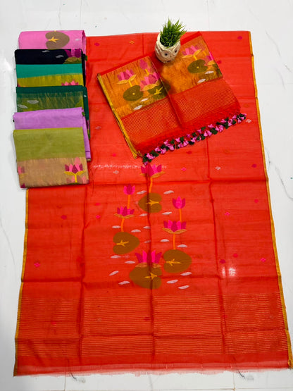 Rihyaaz handwoven Muslin Paithani Jamdani suit set with 2.5-meter top and 2.5-meter tassel-detail dupatta